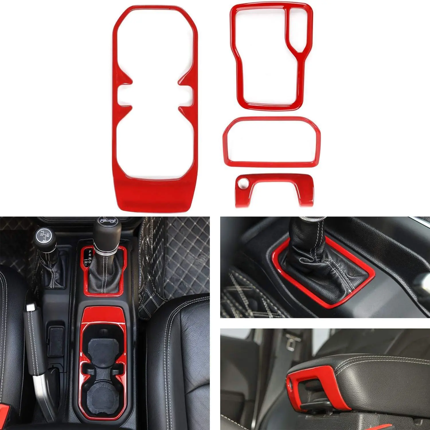 Voodonal Strong & Wear-Resistant ABS Adhesive Mount Car Interior Upgrades Interior Moldings Kit, 4pcs Red for 2018-2024+ Jeep Wrangler JL/JLU Gladiator JT 4WD - Shift Knob Bezel, Front Cup Holder, Center Armrest Switch Lock Hole Covers, Scratch Protection