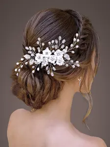 Handmade Women's Hair Comb with Faux Pearls & Rhinestones, Resin Flower Decorative Bridal Headpiece for Wedding Photography