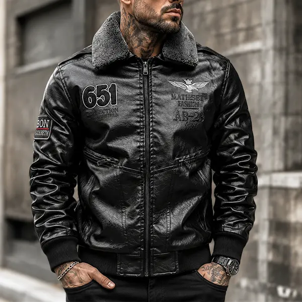 Men’s autumn/winter American Air Force faux shearling collar leather jacket, model 651, featuring an embroidered eagle motif, thickened for warmth, motorcycle style with embroidered patches and numeric prints, vintage motorcycle jacket. Long Sleeve Casual
