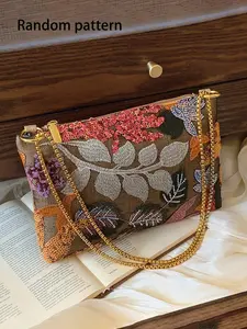 Retro embroidered sequined floral clutch, Embellished clutch, gold chain shoulder crossbody bag, niche artistic dinner bag, exquisite fashionable all-match light luxury street eye-catching items, participating in activities, etc.