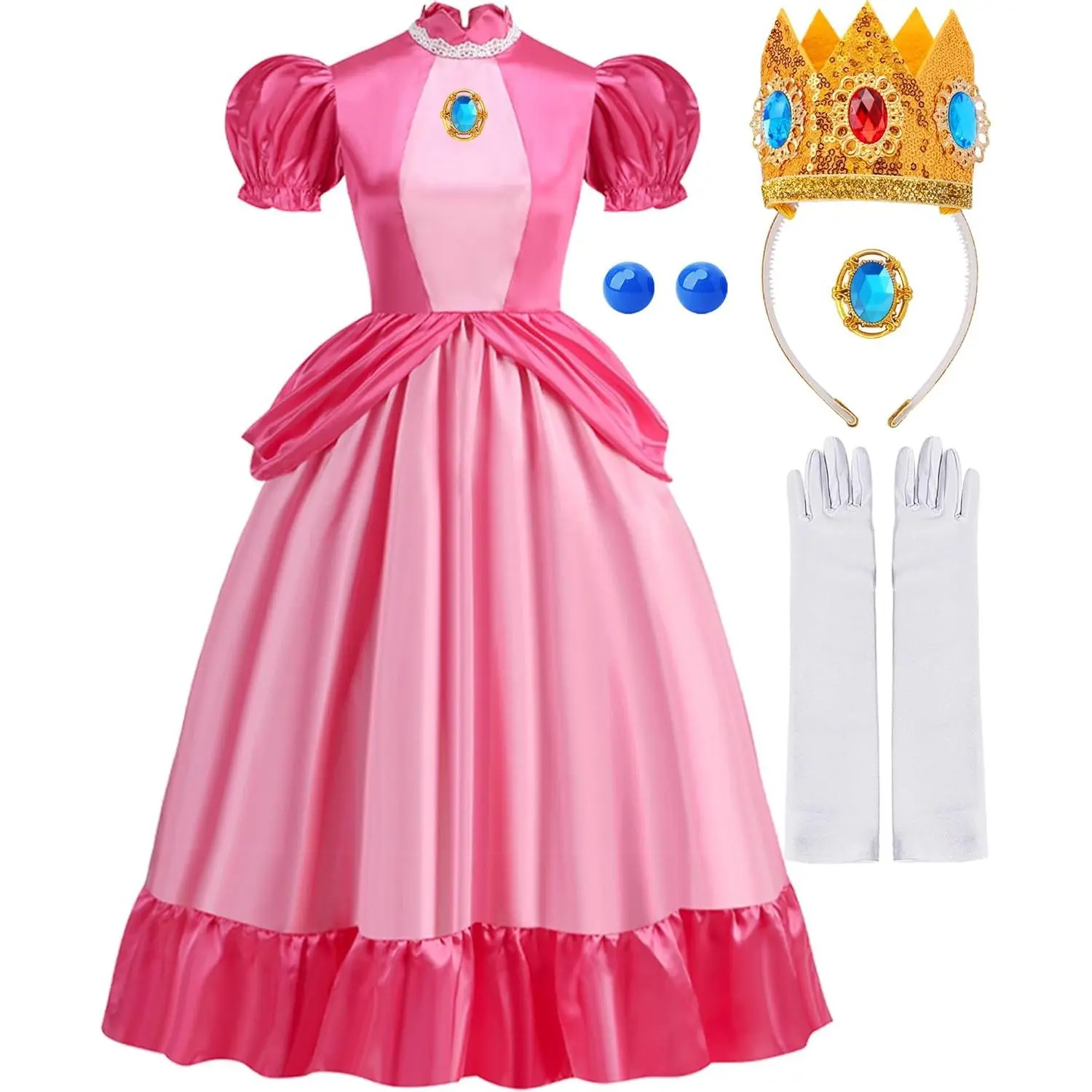 Women's Elegant White Princess Costume - Halloween Cosplay Clothes with Golden Lace Earrings, Pink & Blue Accessories, Cupro Polyester, Gems Brooch, Zipper, Easy to Wear, Girl