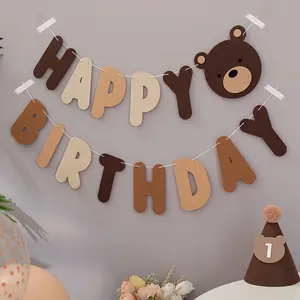 1 Pack Brown Bear Happy Birthday Banner - Indoor Backdrops - Cute Woodland Forest Animal Theme Letter Bunting for Party Decorations - Teddy Bear Birthday Garland for Boys Girls Home Room Decor - 1 Pc Hanging Paper Sign Supplies Hanging Banners