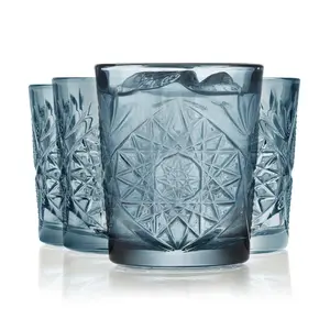Libbey Hobstar Double Old Fashioned Glasses, Blue Colored Cut Glass Drinking Glasses Set of 4, Durable, Vintage Whiskey Glasses for Cocktail, Drinks