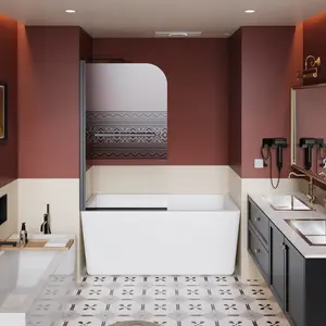 32.in W x 55.in H  proof Shower Door for Bathtub, 1/4 inch Thick Bohemian PatternTempered explosion Glass Shower Door with Stainless Steel Handle, Black