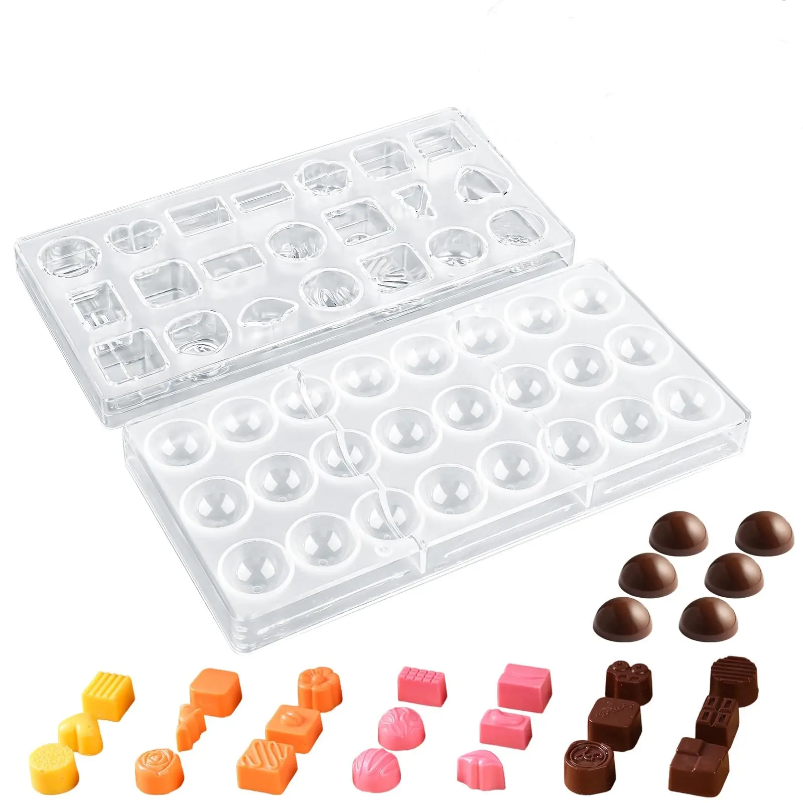 2 Pcs Chocolate Mold Set,21-Cavity Semi-Sphere & Multi-Shape Hard Plastic Candy Molds,Professional Clear Bonbon Bakeware for Jelly,Truffle,Valentine's Day Sweet Making,DIY Hand Tools Kits