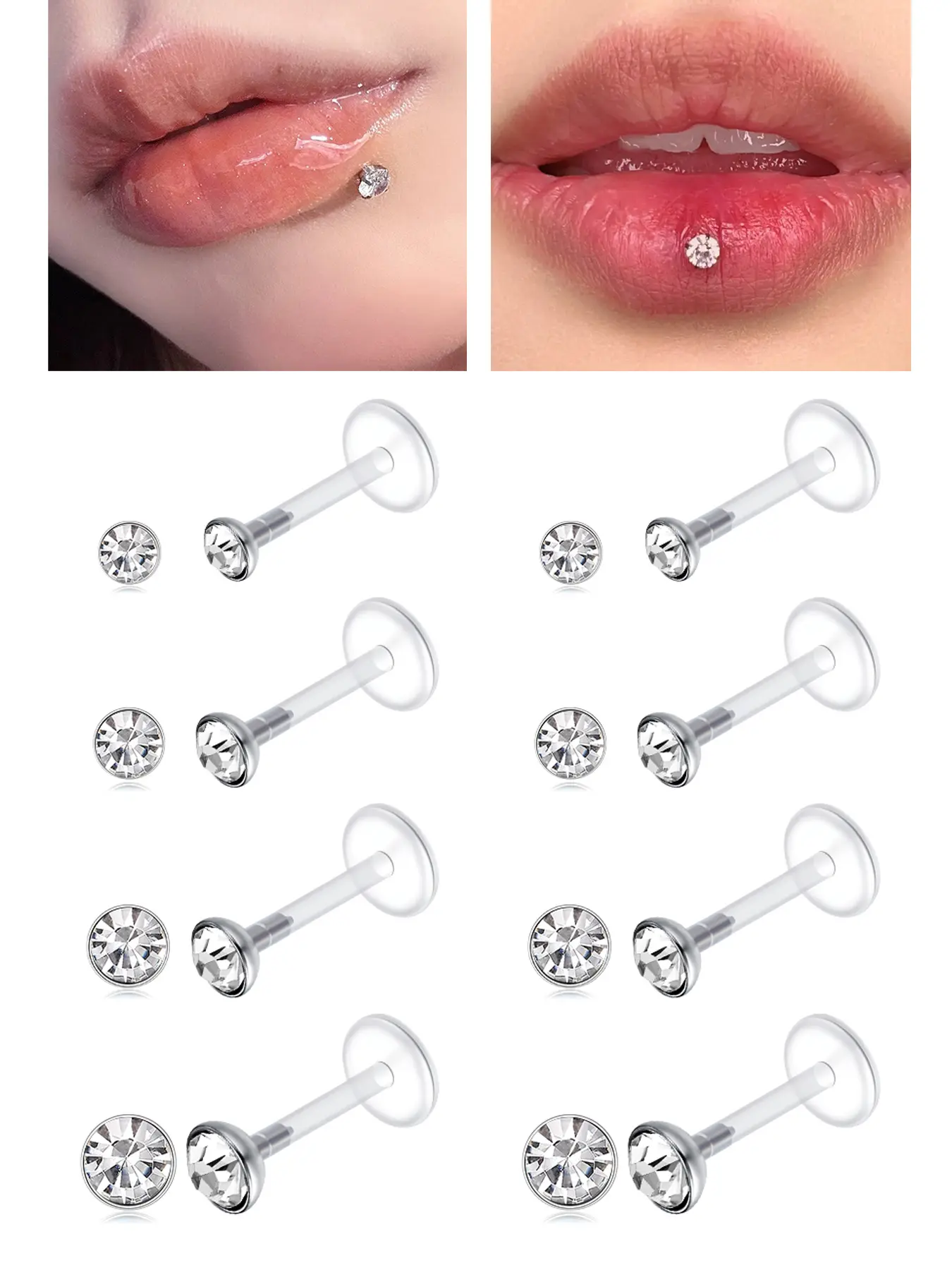 8PCS 16G Clear Push Top Piercing Retainers Earrings For Work, Bioflex Lip Rings Labret Helix Cartilage Piercing Tragus Medusa Monroe Retainer For Women Men 6-10mm Bar Length Body Piercing Jewelry