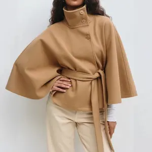 Women's Fashion Autumn Winter New Solid Color Cape Stand Collar Button Belt Trench Coat