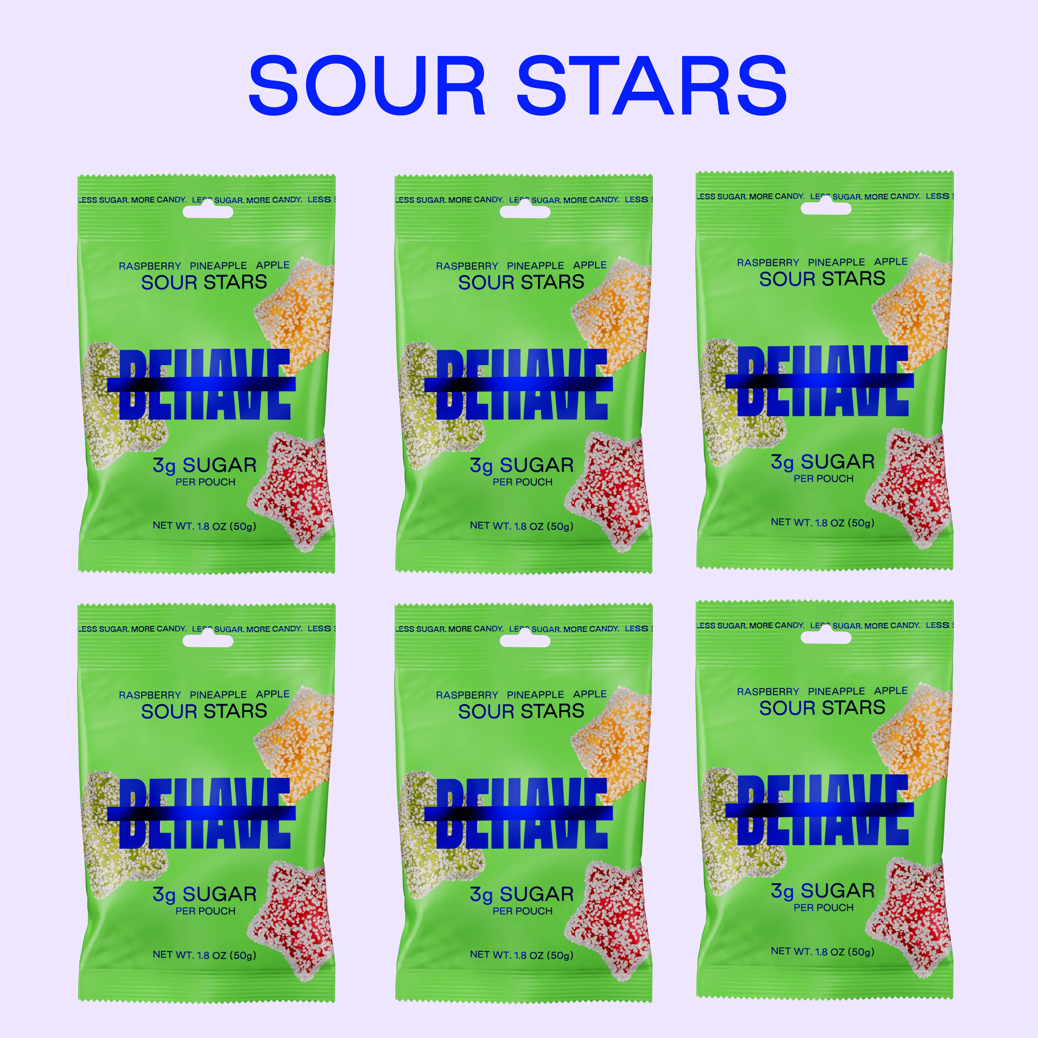 BEHAVE Low-Sugar Sour Candy Stars (6-Pack) - Raspberry, Pineapple, and Apple Flavors - Low Net Carb, Low Calorie, High Fiber - Keto & Diabetic Friendly - Natural Flavoring