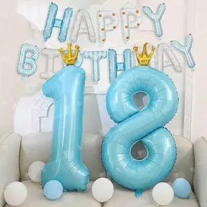 14pcs 40-Inch Crown Pearl Blue Number Balloons, Birthday Happy Letter Set, Blue Print Birthday Balloons, Party Decoration, Balloon Decorations Kit
