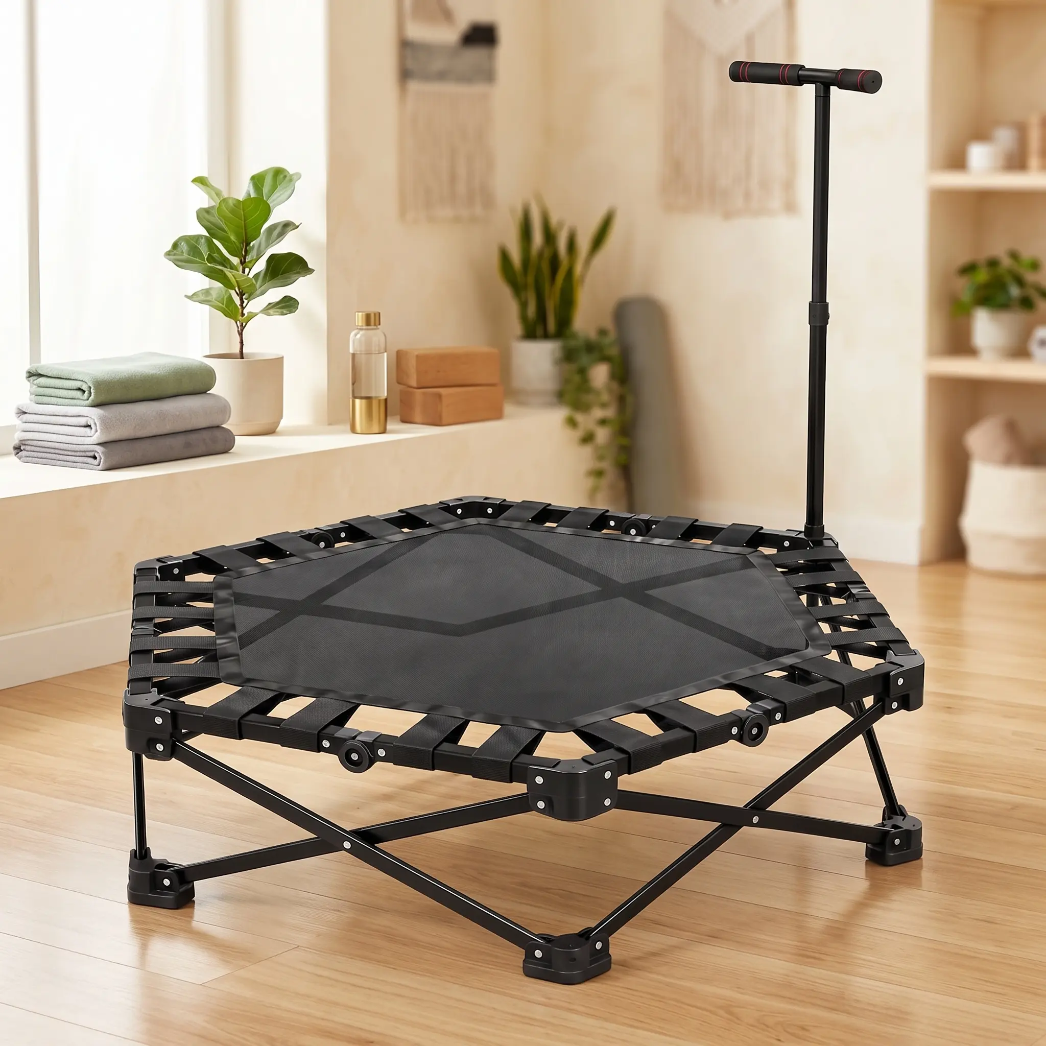 Max4out  42‑Inch Heavy‑Duty Portable Foldable Mini Trampoline Rebounder for Adults, Secure Padded Height‑Adjustable Foam Handrail, Compact Space‑Efficient Sturdy Indoor Home Gym Cardio Full‑Body Exercise Fitness Gear, Black