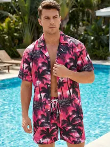 Men's Vacation Swimwear Set, Manfinity Two-Piece Fitted Swimsuit, Short Sleeve Top & Shorts, Tropical Digital Print Design, Casual Wear, Matching, Clothes