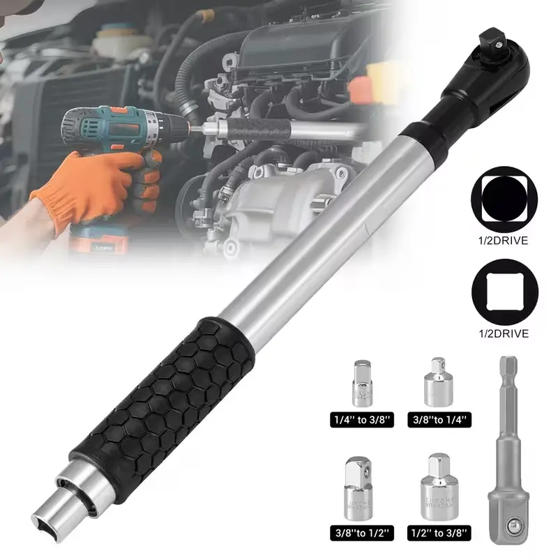 1/2 Inch Extension Ratchet Wrench Set - Chrome Vanadium Steel Heavy Duty Hand Tool, 74Ft-Lb High Torque Strength, 5 Adapters Included, Socket-Compatible, Ideal for Automotive Repair, Extension Wrench, High Torque Wrenches