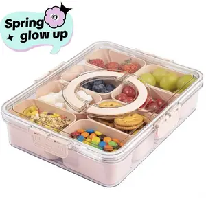 Snack container with lid and handle, 8-divider trayorganizer for portable snack platters, moderntransparent divider tray, perfect for kitchen use,parties, outings, and outdoor picnics (1 piece) BpaFree Plastic Airtight Food Storage