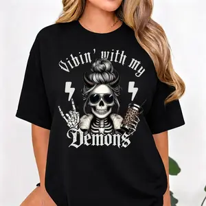 Women's Graphic T-Shirt, Gothic Skeleton 'With My Demons' Print, Casual Short-Sleeve Seamless Top in Smooth Cotton