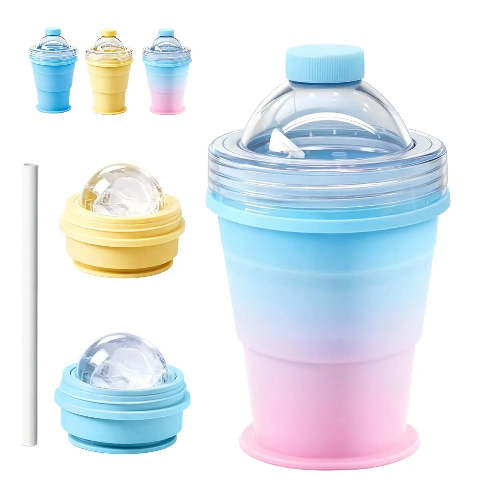 2-in-1 Iced Coffee Cup with Ice Mold Collapsible Ice Ball Maker Cup with Straw & Leakproof Lid, Portable Silicone Ice Sphere Mold Tumbler, Large Round Whiskey Ice Ball Maker, Reusable Travel Ice Cup for Iced Coffee, Cocktails & Cold Drinks Mug Drinkware