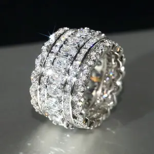 Princess-Style Multilayer Wide Full CZ Zirconia Ring with Teardrop Design - Wedding Engagement Promise Ring - Bridal Eternity & Birthstone Ring - Romantic Holiday Gift for Women