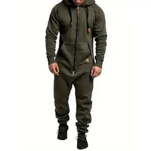 Men's hooded fleece lined jumpsuit, long sleeved full zip jumpsuit with kangaroo bag Army Green Overalls