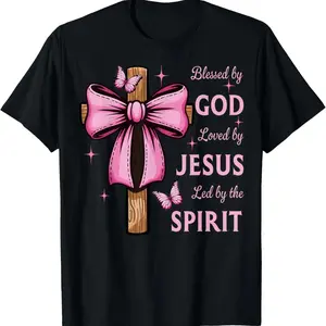 Blessed by God Loved by Jesus Pink Coquette Bow And Cross T-Shirt