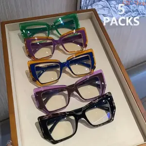 5 Pairs Unisex Retro Cat Eye Fashion Glasses, Large Polygonal Frame with Elegant Colorblock French Oil Painting Inspired Design, Non-Prescription Stylish Decorative Eyewear Ideal for Daily Casual, Formal Events and All Fashion Matching Occasions outdoorfu