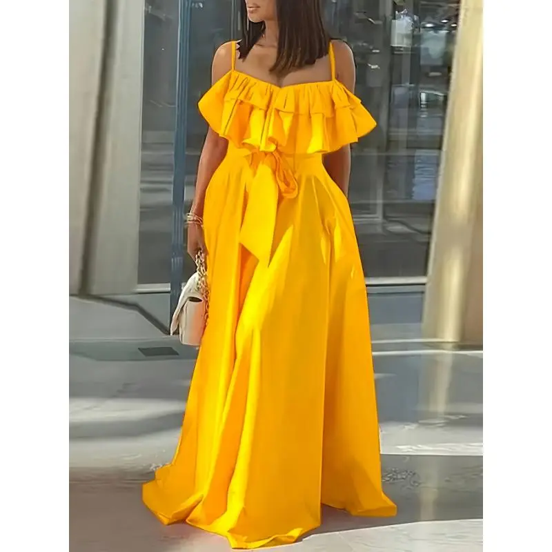 Ruffle Trim Sleeveless Cami Dress, Tie-waist Strap Maxi Length Dress, Women's Clothing Elegant Loose Midi Flowery Backless Mini white  dress  girl shein body con summer  outfits prom chain decor Renaissance Lace-Up drop  waist  gown