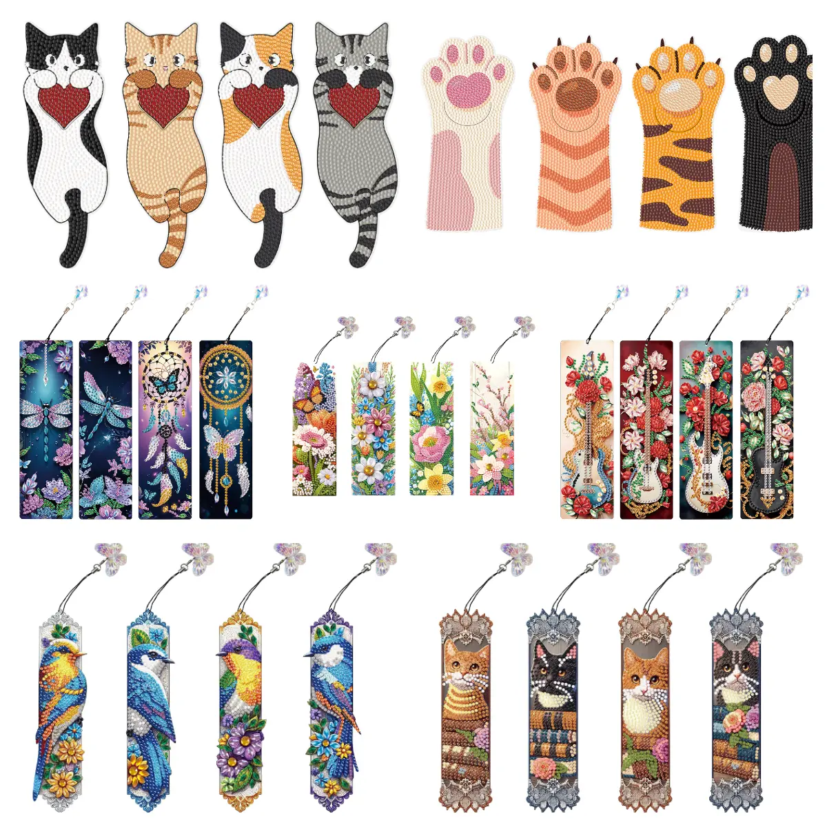 4Pcs Decorative Vibrant Special Shape Diamond Painting Bookmark DIY Craft Kit - Creative and Fun Design, for Book Lovers, All Ages (Cat/Bird/Flowers)