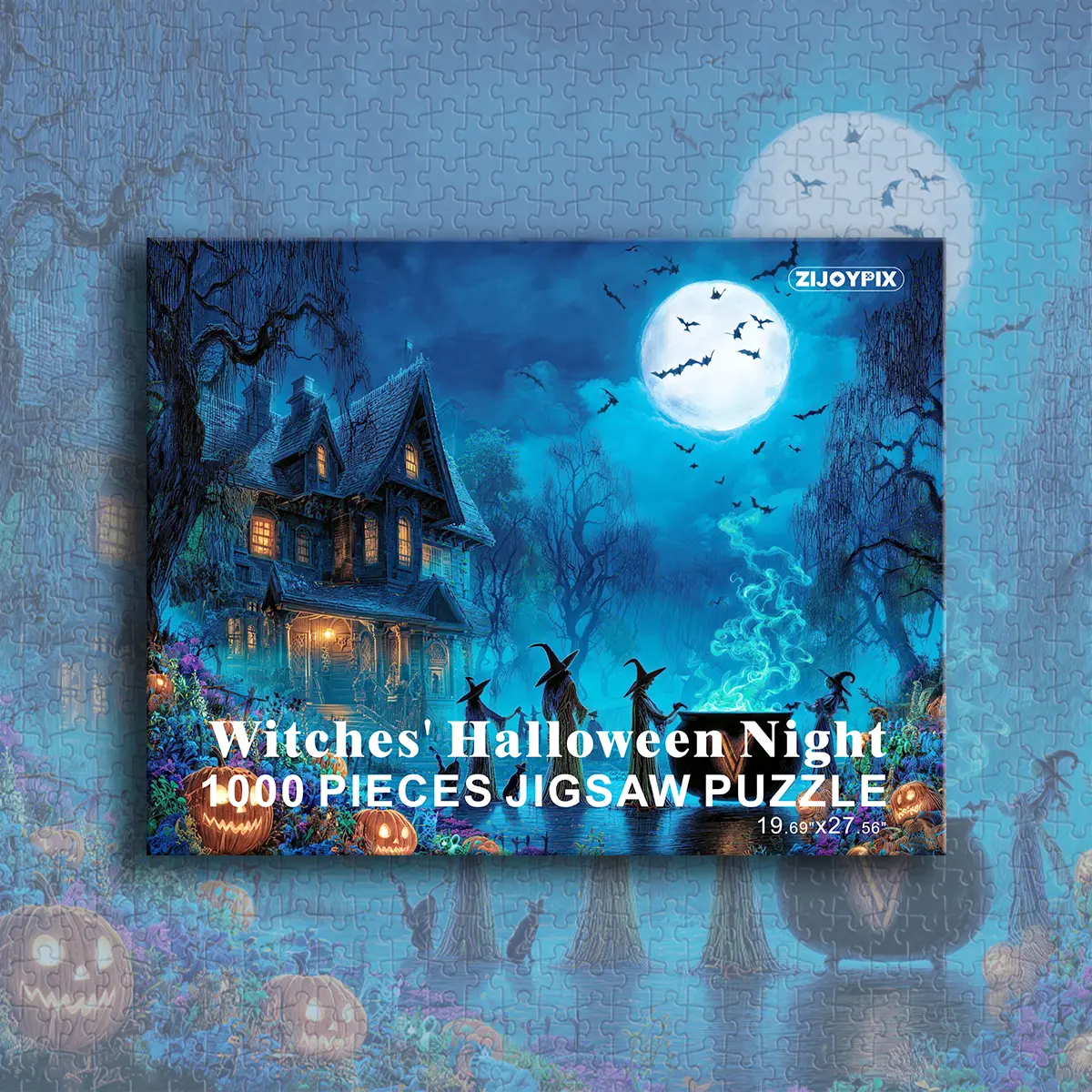 1000-Piece Spooky Halloween Witches Night Puzzle for Adults, 100% Original Designs, 100% Recyclable High-Grade Blue Board, House Decoration & Family Game Night Activity