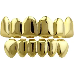 24K Gold Plated Hip Hop Teeth Grillz Punk Custom Fit Teeth Grillz Caps Top & Bottom Grill Set Removable Hip Hop Mouth Grills For Women Men Gift Halloween Party Photo Fancy Dress Accessories, Party Wear, Grillz Teeth