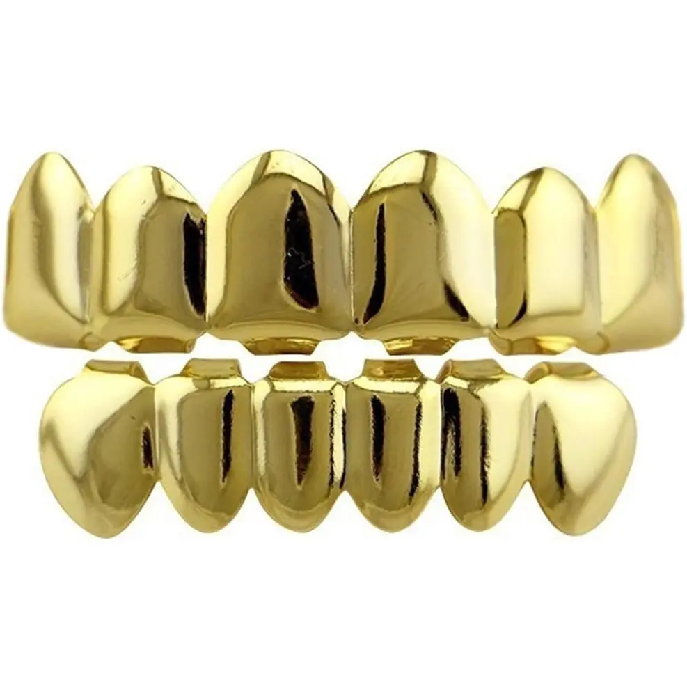 24K Gold Plated Hip Hop Teeth Grillz Punk Custom Fit Teeth Grillz Caps Top & Bottom Grill Set Removable Hip Hop Mouth Grills For Women Men Gift Halloween Party Photo Fancy Dress Accessories, Party Wear, Grillz Teeth