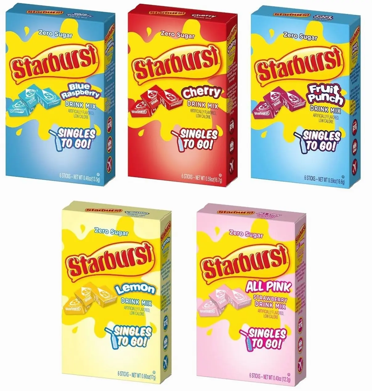 Starburst Singles to Go Variety Pack: All 5 Flavors (Raspberry, Cherry, Fruit Punch, Strawberry and Lemon) - 1 Box Each