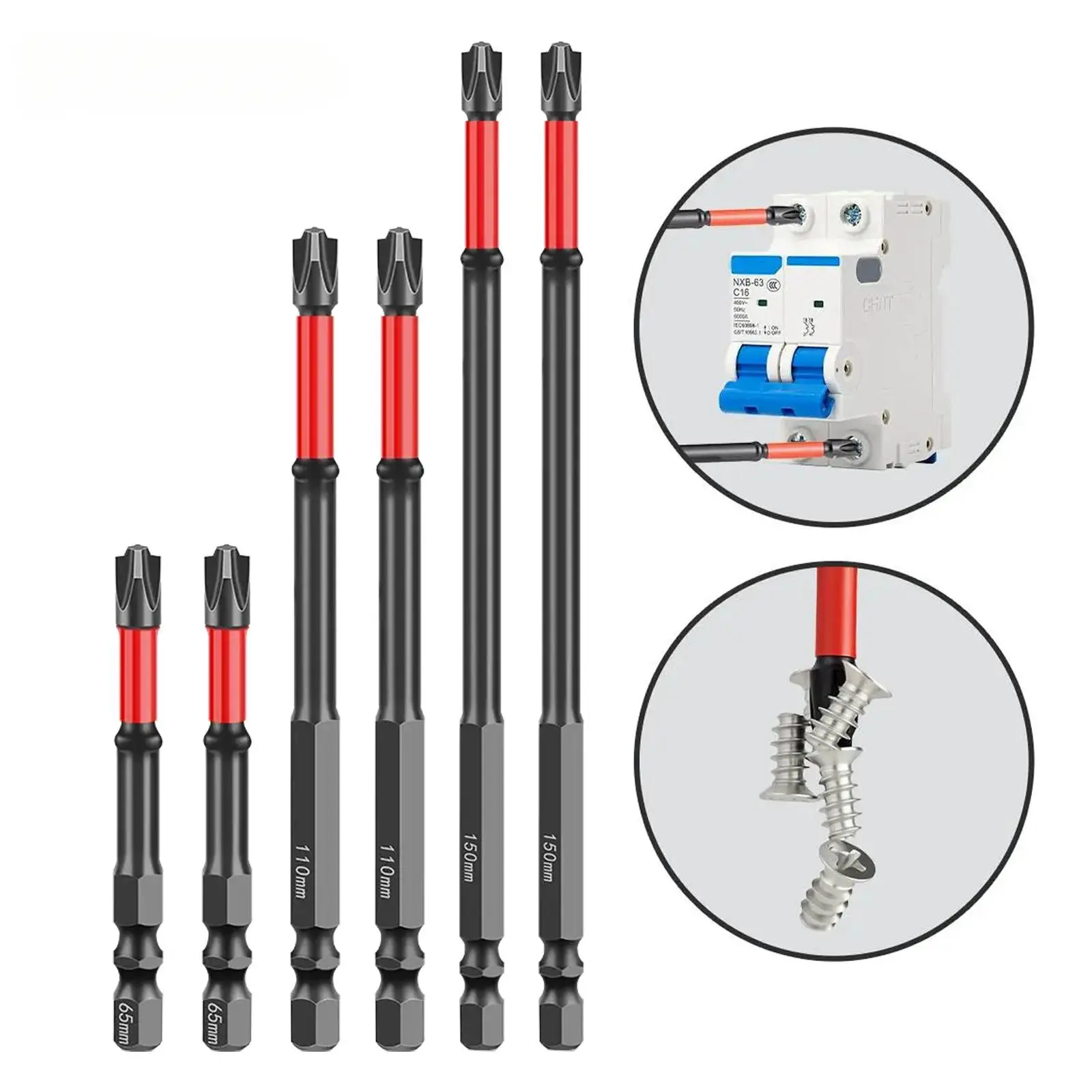 S2 Steel 65mm&110mm&150mm,Impact Screwdriver Bit Set for Electricians,1/4 Inch Hex Shank Magnetic Cross Slot Screw Driver Drill Bits Used on Circuit Breakers
