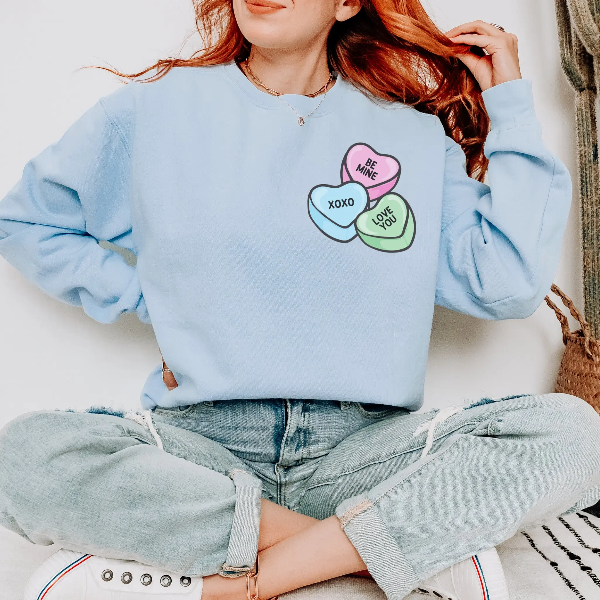 Conversation Hearts Valentine Sweatshirt Candy Heart Graphic Romantic Love Crewneck Fit Womenswear Everyday Fleece Cotton