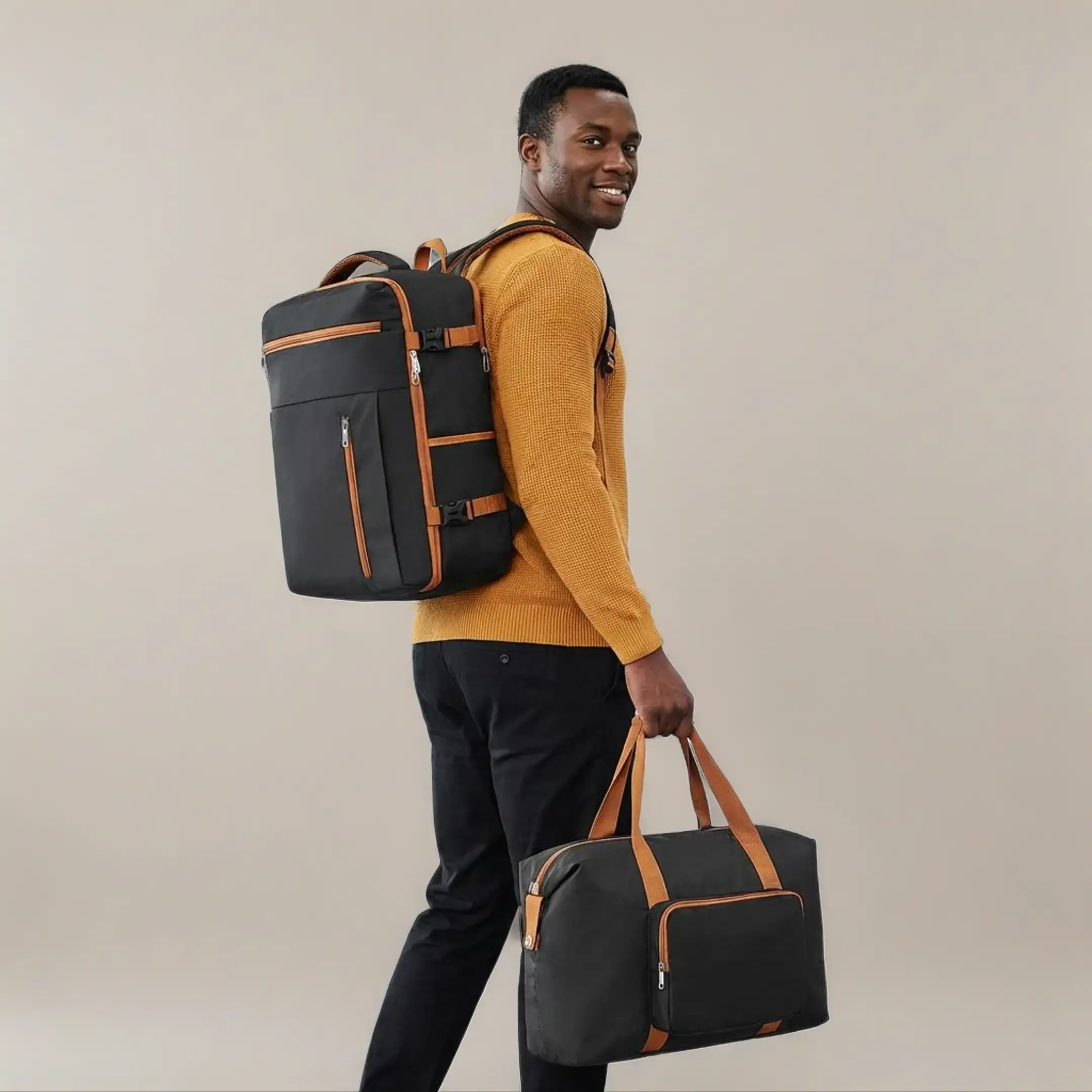 Unisex 2Pcs Polyester Travel Set - Collapsible Large Capacity Duffel Bag & Carry-On Travel Backpack, Compact Dual-Purpose Overnight Bags for Gym (5008+5010), Compact Travel Bags