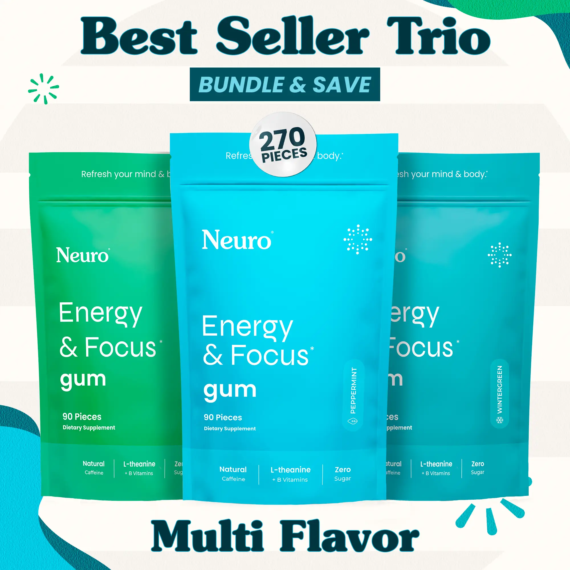 Best Seller Trio - Energy & Focus Caffeine Gum - Multi Flavor (3-Bulk Pouches)