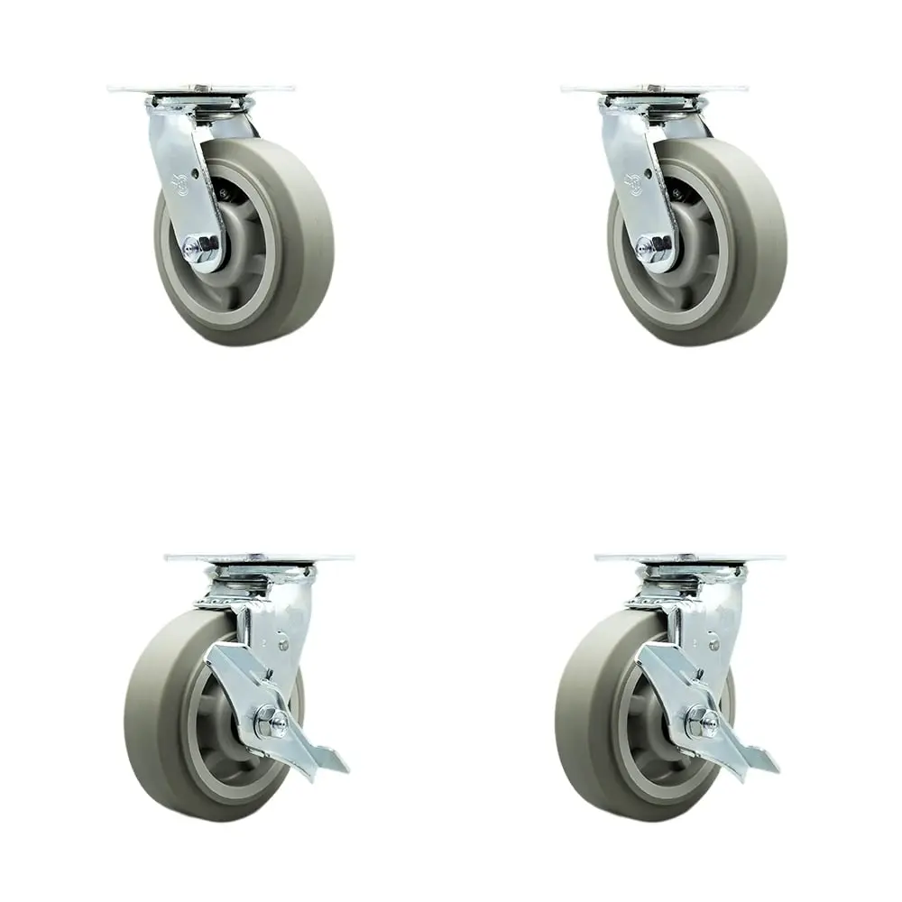 Service Caster SCC-30CS620-TPRBF-2-TLB-2 Heavy Duty Casters (Set of 4), 6 in. Diameter 2 in. Wide TPR Flat Tread Wheels, Double Ball Bearing Heat Treated Raceways, 2 Swivel with Brakes, 2000 lbs Capacity, for Commercial Equipment, Food Service Carts, Doll