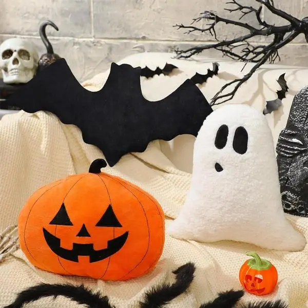 Huwena 3 Pcs Halloween Pillow Orange Pumpkin Ghost Bat Shaped Throw Pillow Crystal Velvet Wool Decorative Cushion Pillowcase Happy Halloween Decor for Couch Sofa Bed