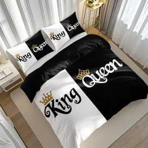 King Queen Print Bedding Set, 3 Piece (1 Fitted Sheet + 2 Pillowcases), Soft Comfortable, Bedroom Dorm Guest Room Decor, Soft Bedding Sets