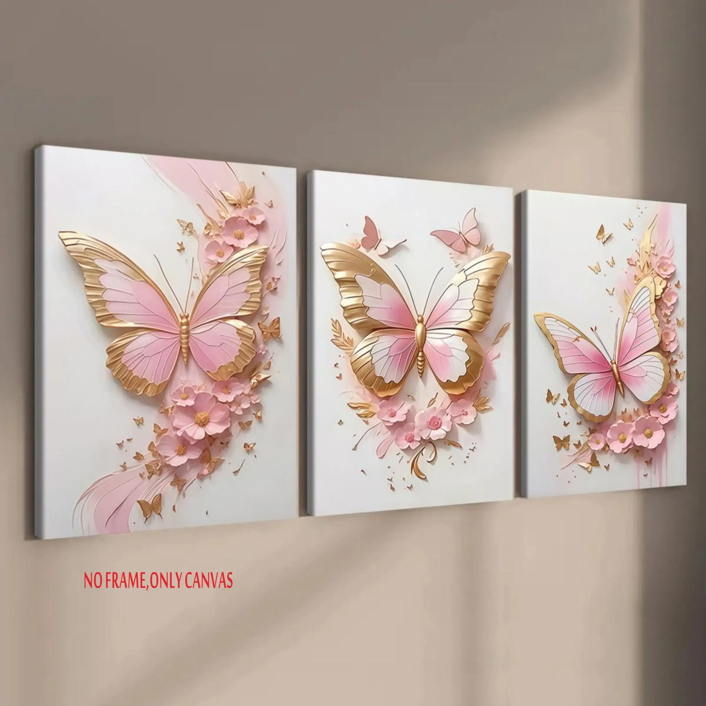 Pink and Gold Butterfly Motif Floral Tri-Piece Decorative Artwork Poster Set Perfect for Living Room and Bedroom Decor Stylish Home Poster Artistic Modern Wall Art 2D Flat Frameless Print Butterfly Pattern Design