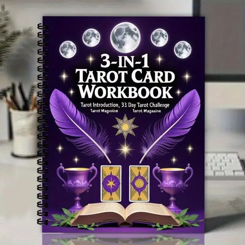 Three-In-One Tarot Card Practice Notebook, Mystical Tarot and Magic Theme, Tarot Introduction, Tarot Challenge, Book Cover Design, Perfect for Tarot Enthusiasts