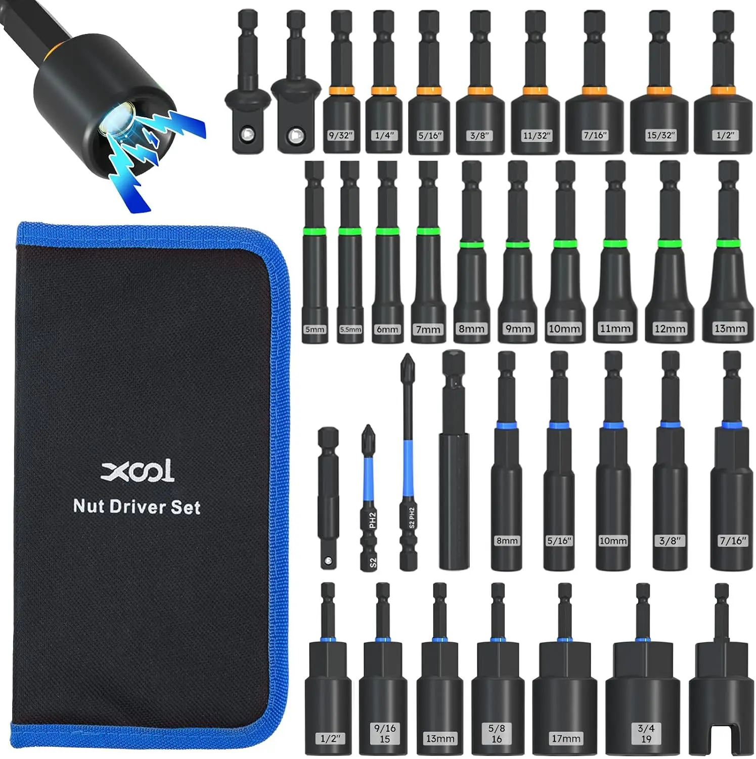 XOOL 36PCS Magnetic Nut Driver Set, Metric and SAE Nut Driver Set for 1/4" Quick-Change Hex Shank, Impact Drill Driver Bit Set with Storage Bag