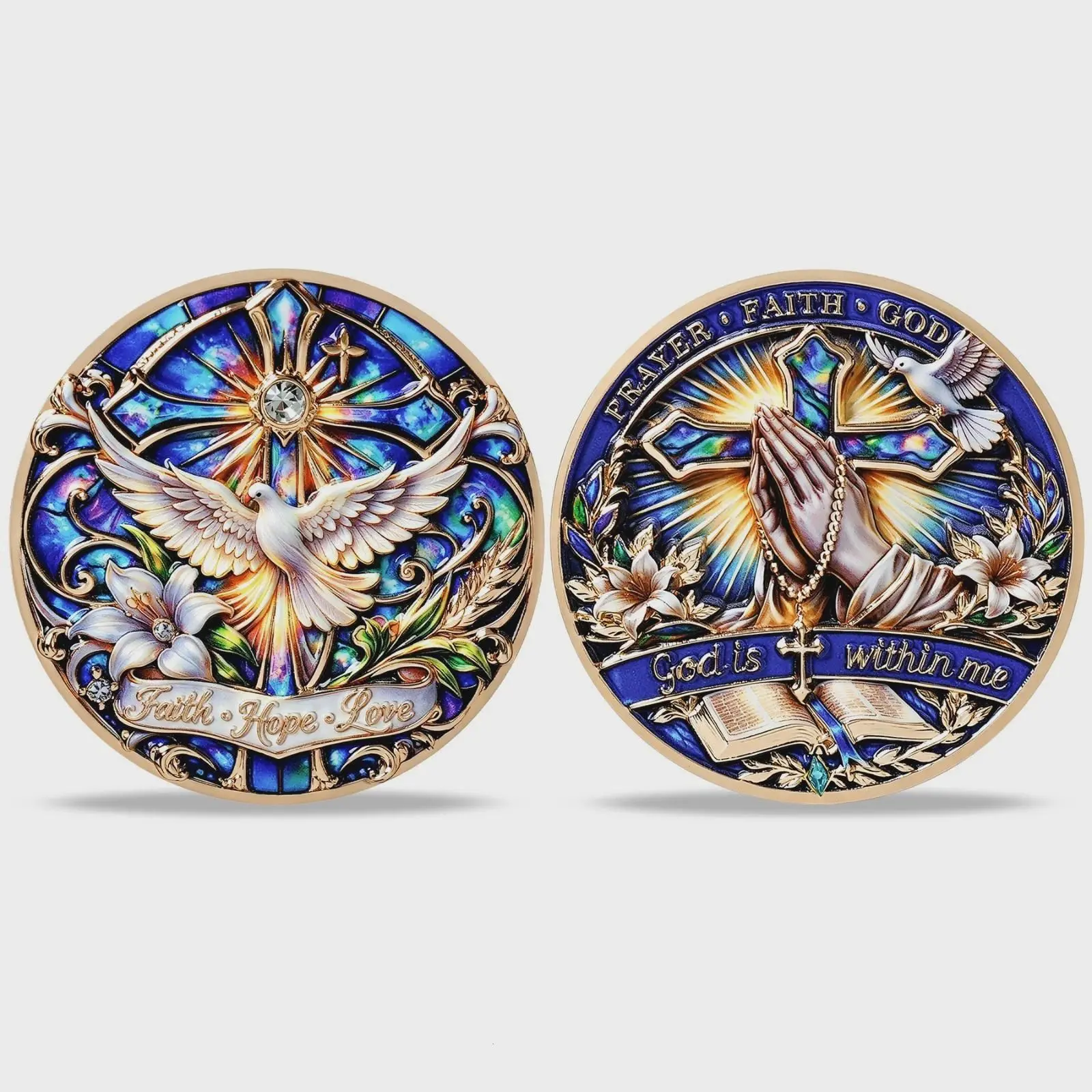 Dove Christian Challenge Coin Praying Hands Themed Religious Collectible Coin
