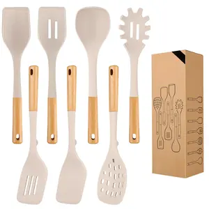 Silicone Kitchen Utensil Set for Non Stick Cookware 7 Pcs Heat Resistant Cooking Tools with Wooden Handle BPA Free Spatulas Spoons Skimmer Pasta Fork Ladle Khaki Pot Grey