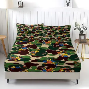A Bathing Ape Style Floral Camo Unique Pattern Fitted Sheet Set (3 Piece, Includes 1 Fitted Sheet + 2 Pillowcases), Green Camo Flower Bed Set for Hypebeast Teens & Adults, Bedroom Decor
