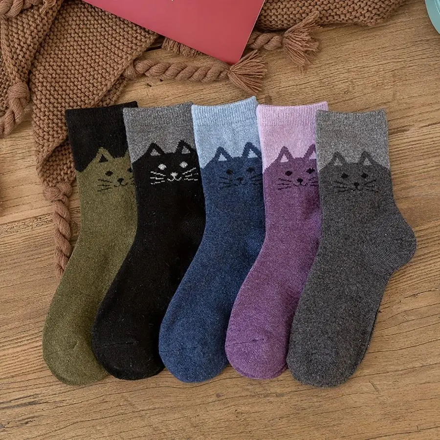 Women's Fleece Blend Insulated Cat Mid-Calf Socks (10 Pairs, Mixed Color/Assorted Colored), Ideal for Winter Skiing, Hiking & Cold Weather Comfort, Mixed Color 10Pairs, Assorted Colored Mid-Calf Socks, Blend Mid-Calf Socks