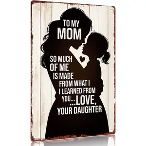 To My Mom From Daughter Heartfelt Quote Sign, Mother and Daughter Silhouette Print, Rustic Wood Background Art for Mother's Day & Bedroom, 12x8 Inch
