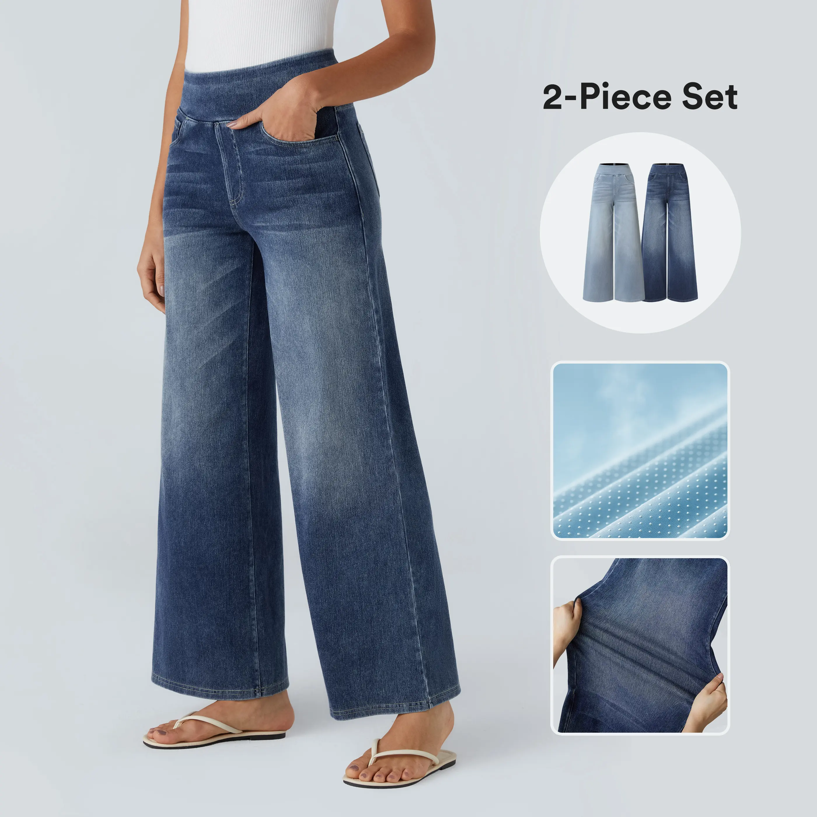 Halara 2-Piece Flex High Waisted Pockets Baggy Wide Leg Washed Casual Jeans set #BackToSchool
