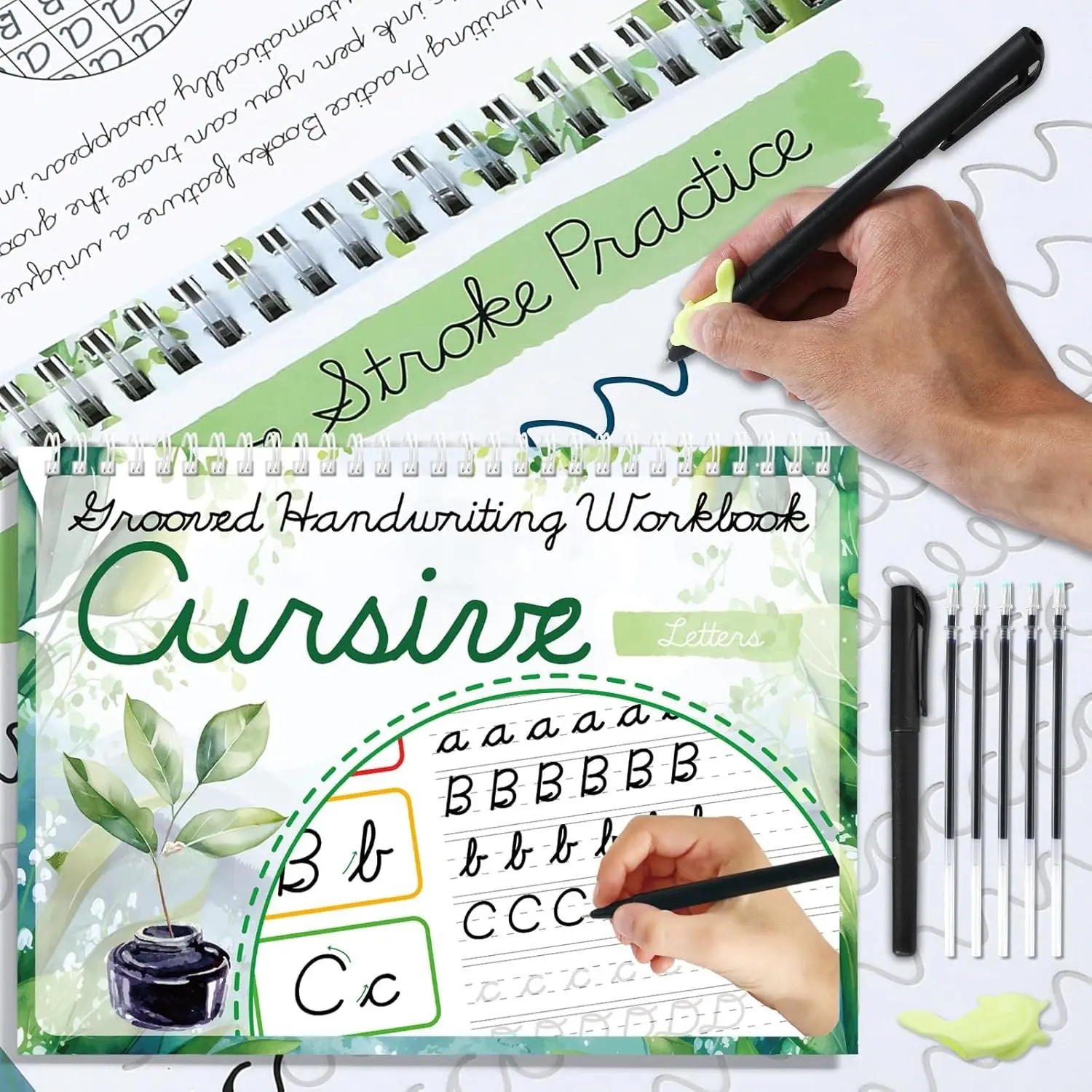 Grooved Cursive Practice Workbook with Magic Disappearing Ink Pens, Colorful Printed Pages, Jokes, Poems, Inspirational Quotes - Homeschool Supplement, School Educational Supply for Beginners to Enhance Fine Motor Skills, Boost Learning Enthusiasm