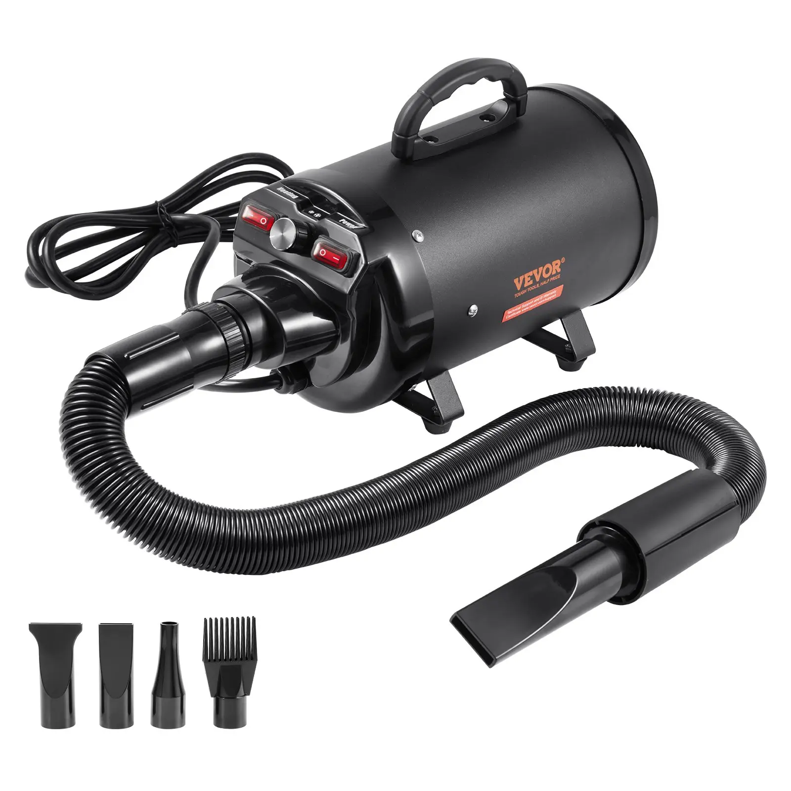 VEVOR Portable Dog Blow Dryer, 2000W/2.7HP Pet Grooming Dryer with Adjustable Speed, Temperature Control, 4 Nozzles, Extendable Hose, Black (Father's Day Gift Option)
