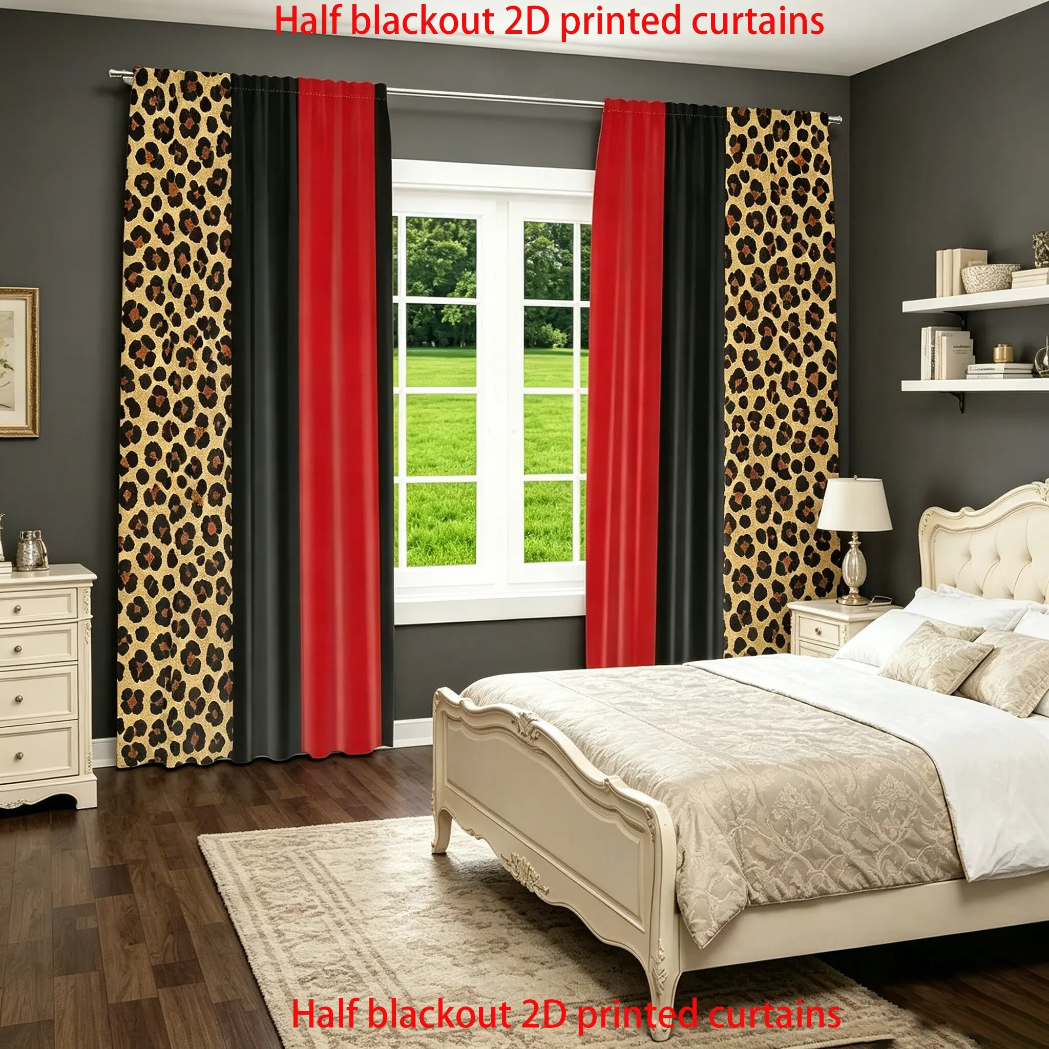 2-piece set of red and black leopard color blocked curtains, Window curtain, Home Decoration Curtain, classic retro style, semi transparent polyester fiber material, pole bag design, suitable for home decor, all year round