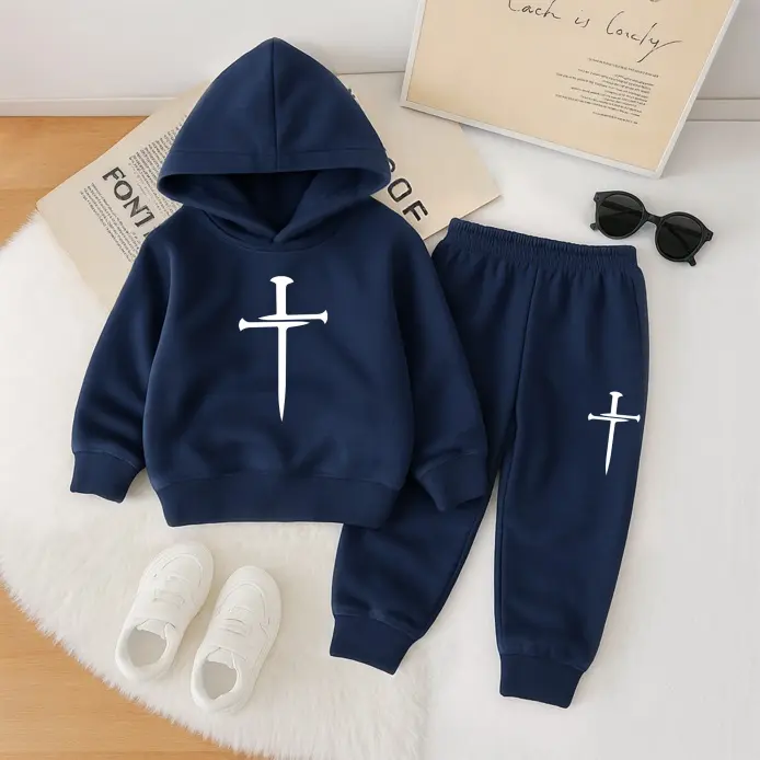 Kids' Unisex Christian 2-Piece Thick Fleece-Lined Hoodie Tracksuit Set - Cross Print Sweatshirt & Tapered Cut Joggers, Ages 3-14 Fall-Winter Streetwear for Indoor & Outdoor Wear 02, Sporty Outfit, Long Sleeve, Kids Clothing Girls
