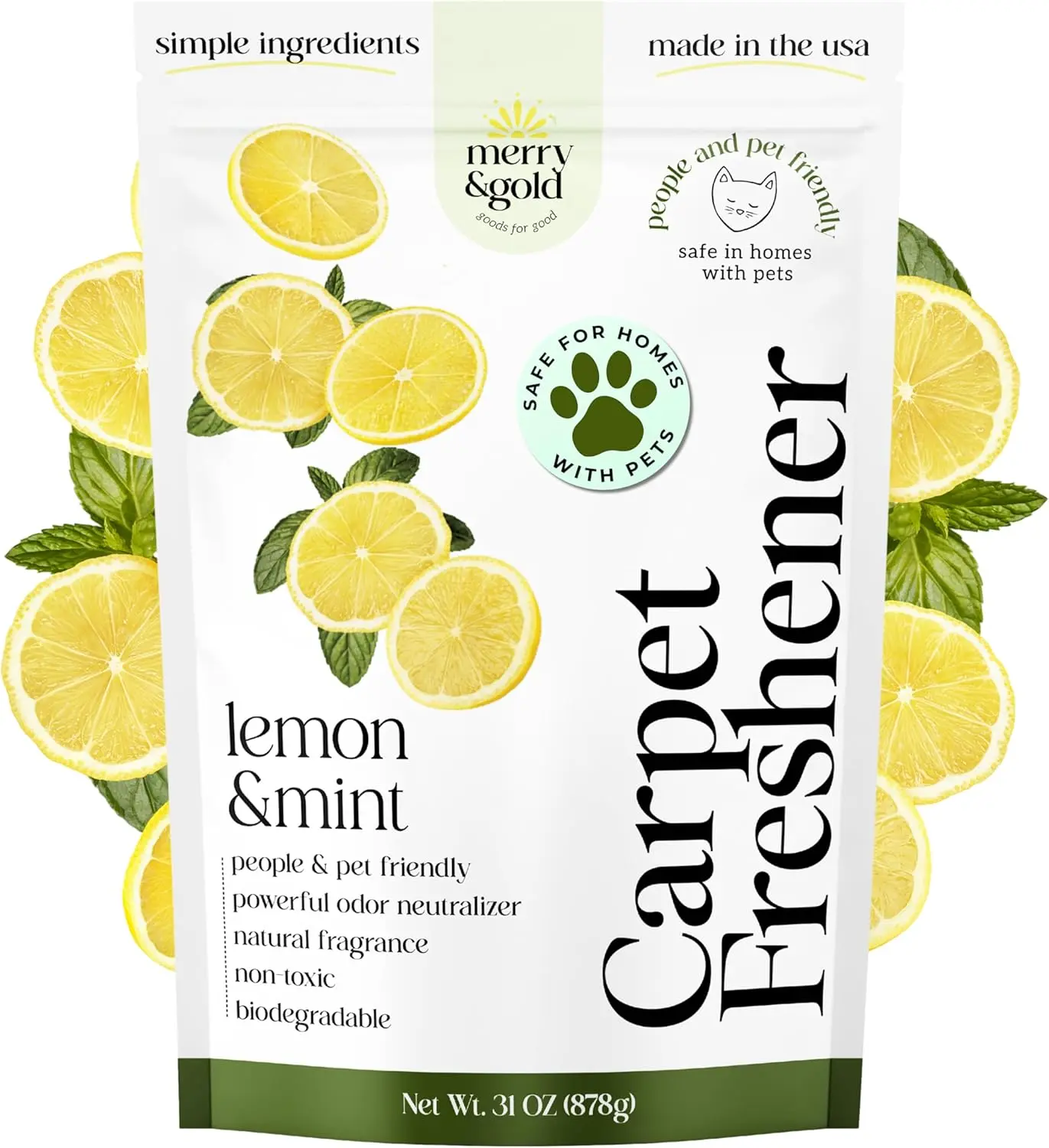 Merry & Gold Carpet Deodorizer & Freshener Powder | 31 oz Lemon + Mint | Pet Odor Eliminator for Rugs, Upholstery, Strong Odor Control & Pet Urine | Safe in Homes with Pets | Made in USA
